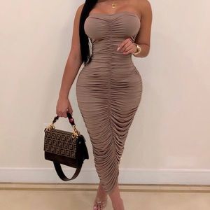 Strapless nude ruched midi dress